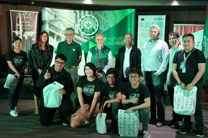AEDES Team Upper row Associate American Corner librarian Donna Lyn G. Labangon, Space Apps global leader Dr. Paula S. Bontempi, former DICT Usec. Monchito B. Ibrahim, Animo Labs executive director Mr. Federico C. Gonzalez, DOST-PCIEERD deputy executive director Engr. Raul C. Sabularse, PLDT Enterprise Core Business Solutions vice president and head Joseph Ian G. Gendrano, lead organizer Michael Lance M. Domagas, and Animo Labs program manager Junnell E. Guia. Lower row Dominic Vincent D. Ligot, Frances Claire Tayco, Mark Toledo, and Jansen Dumaliang Lopez of Aedes project.